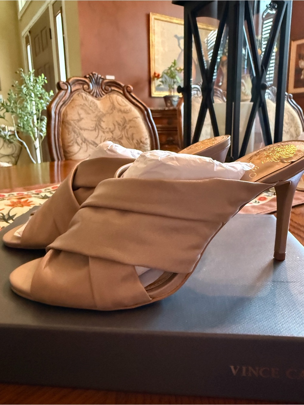 Vince Camuto Taupe Ruched Open-Toe Mule Heels